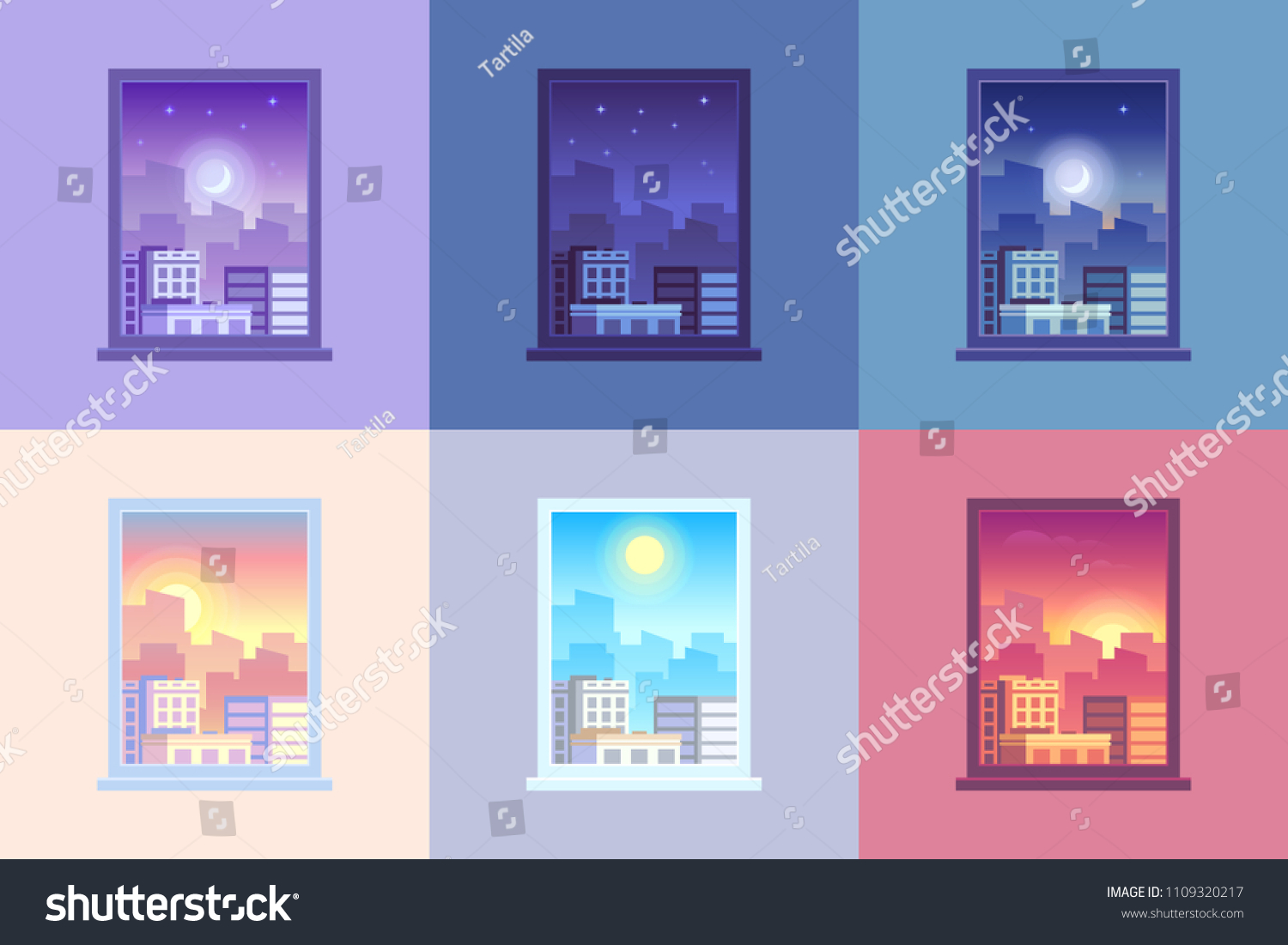 Window day time view. Sunrise sun dawn morning noon sunset dusk afternoon day and night stars at city house windows apartment colorful purple orange blue pink cartoon vector concept illustration