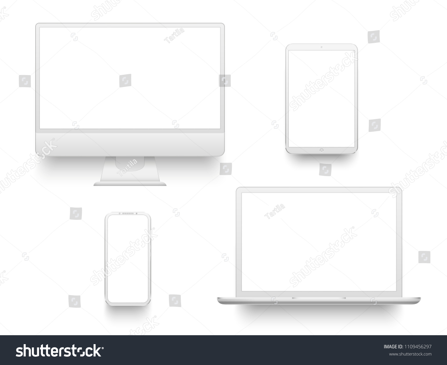 White desktop computer display screen smartphone tablet portable notebook or laptop. Outline mockup electronics devices phone monitor lines realistic simple isolated 3d vector set #1109456297