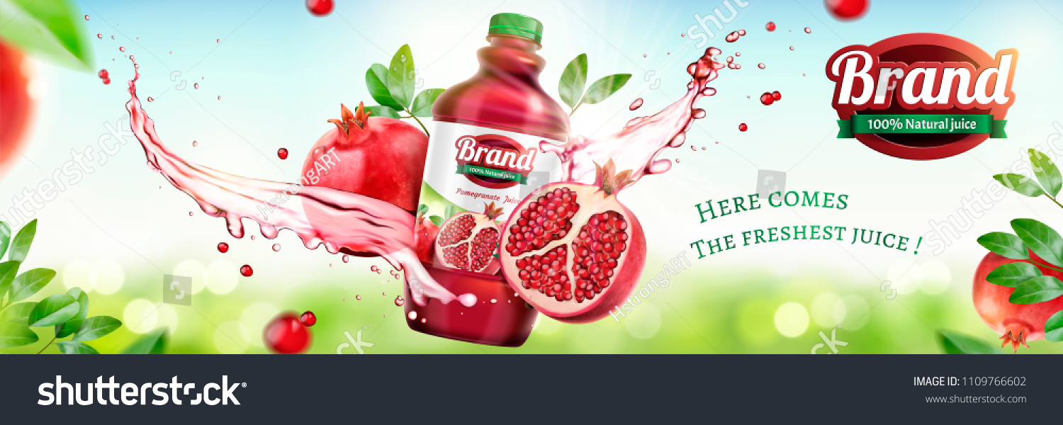 Pomegranates bottled juice ads with splashing liquid on natural bokeh background in 3d illustration #1109766602