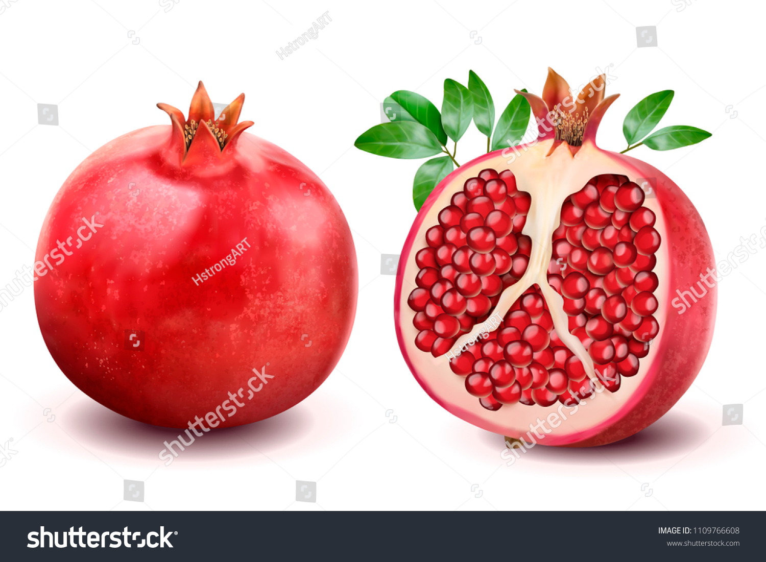 Ripe pomegranates with leaves isolated on a white background in 3d illustration #1109766608