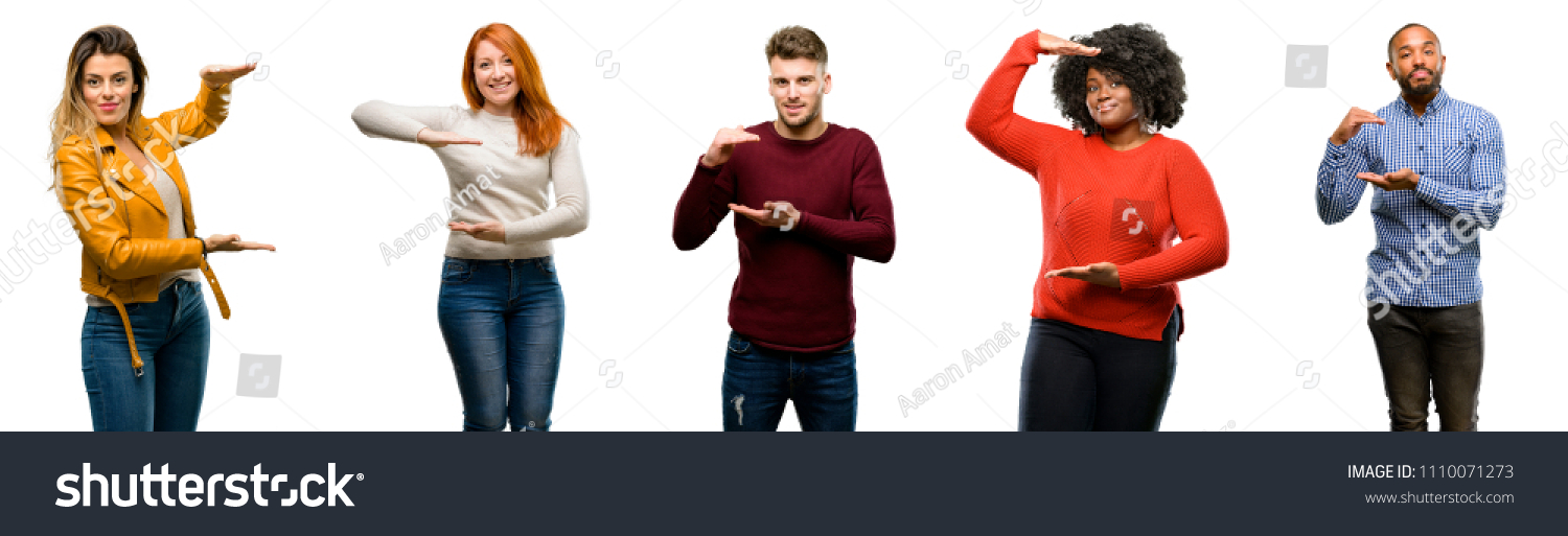 Group of cool people, woman and man holding something, size concept #1110071273