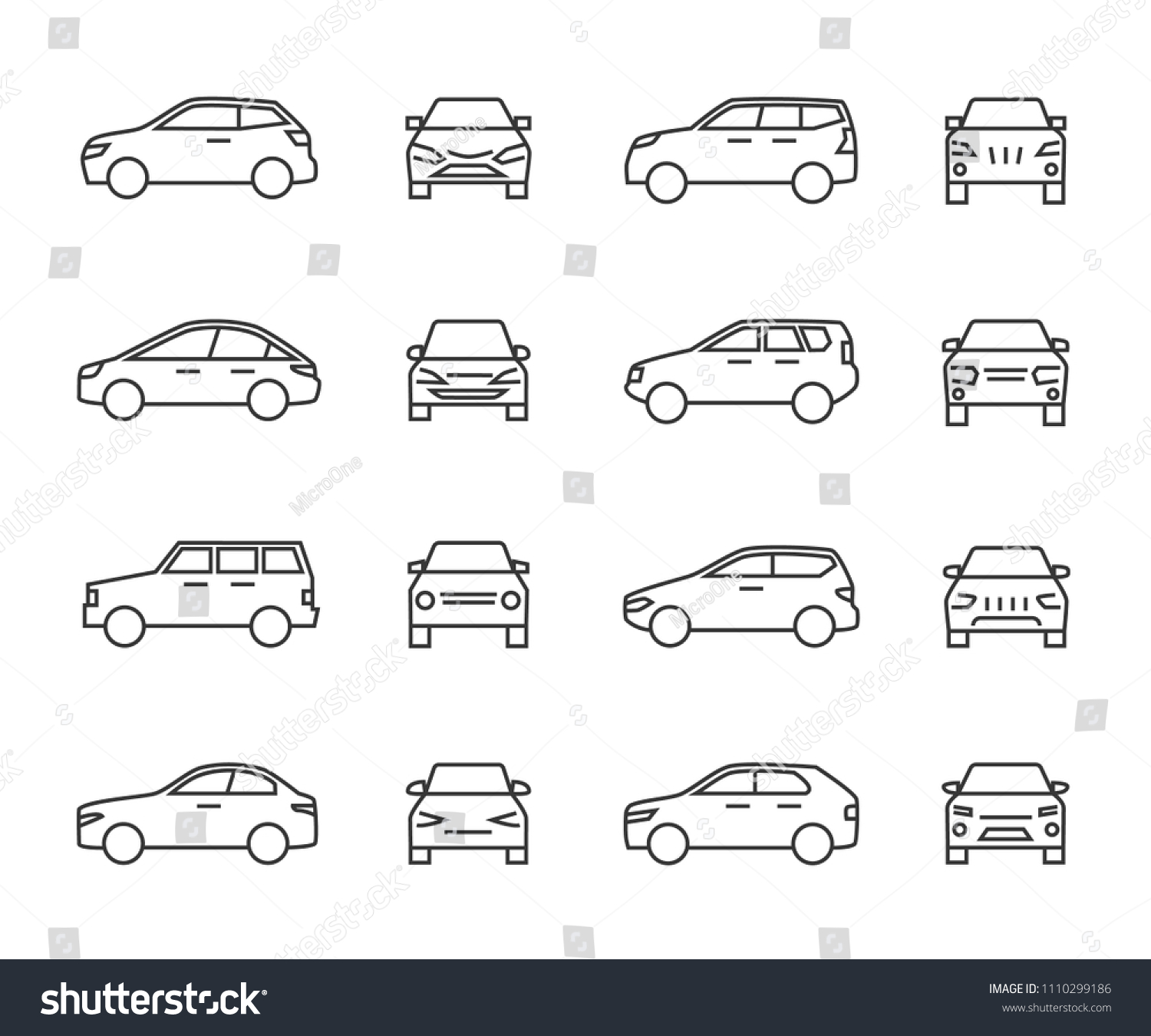 Cars front and side view line signs, auto symbols. Vehicle outline vector icons isolated on white background. Auto vehicle car, illustration of automobile transport #1110299186