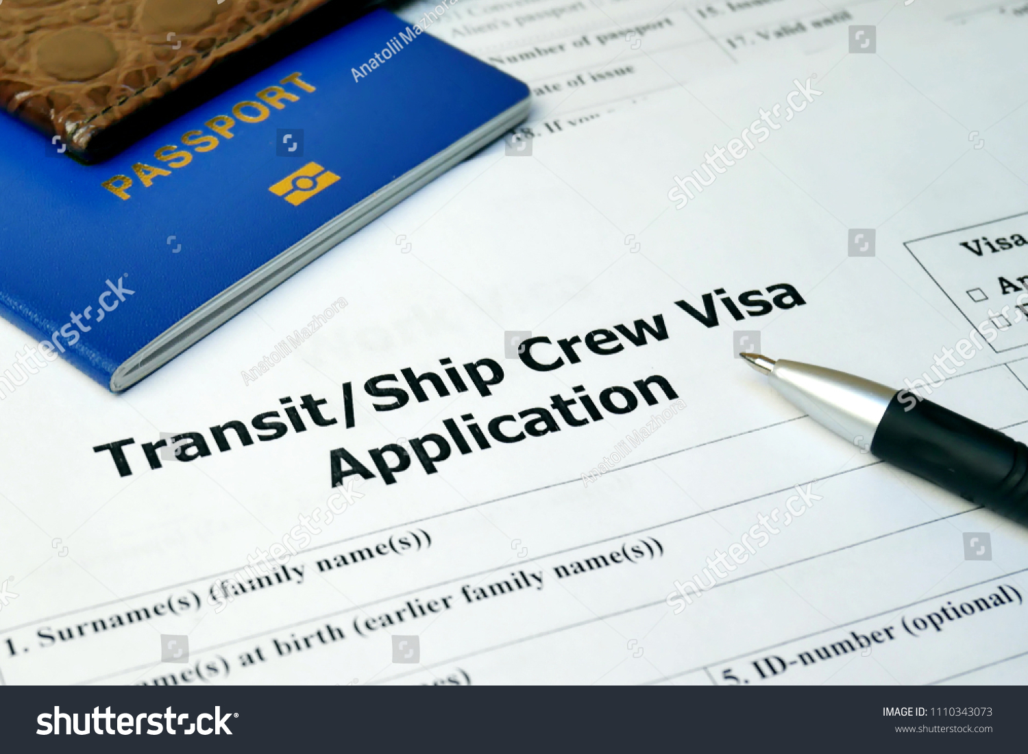 Transit Ship Crew Visa application form to travel or immigration. Visa document with passport, apply and permission for foreigner country #1110343073