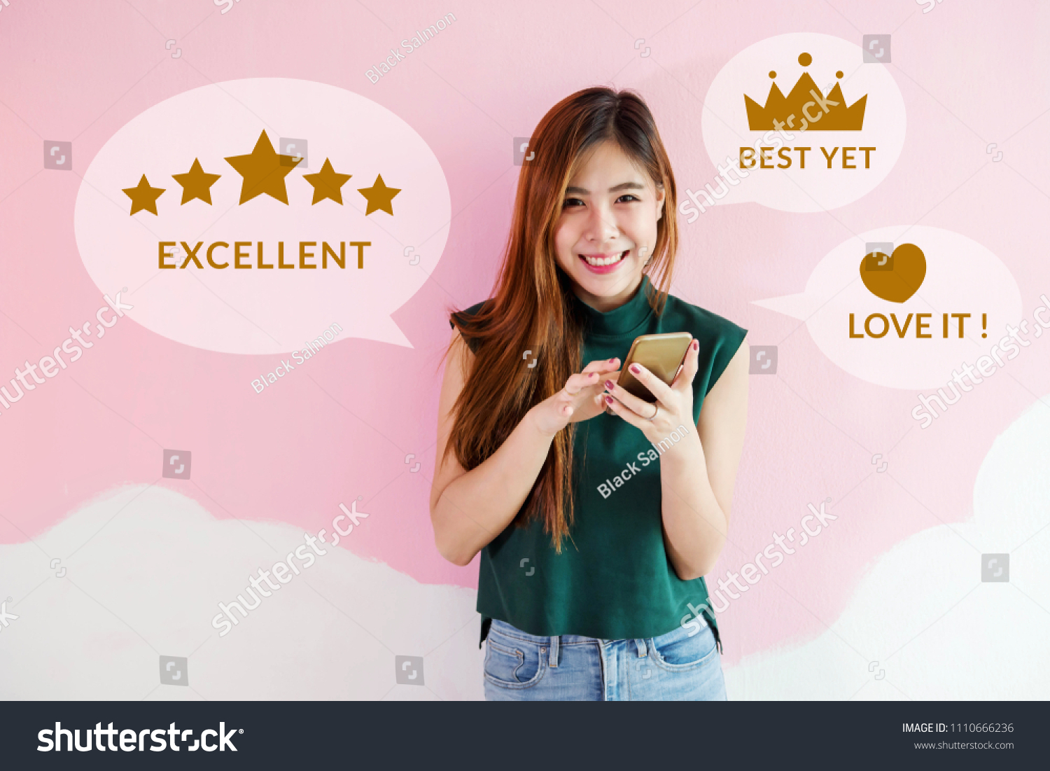Customer Experience Concept. Happy Young Woman using Smart Phone to Review and Feedback Rating in Online Satisfaction Survey Application. Looking at camera with Smile #1110666236