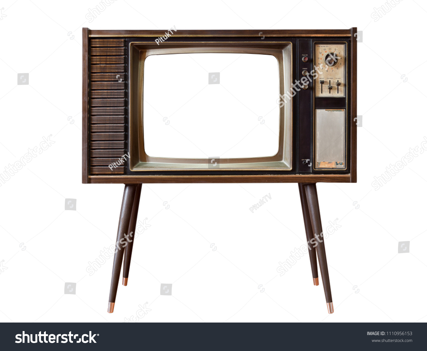 Vintage old TV standing and cut out screen with clipping path isolated on white background, Classic, retro old tv technology with wood case. #1110956153