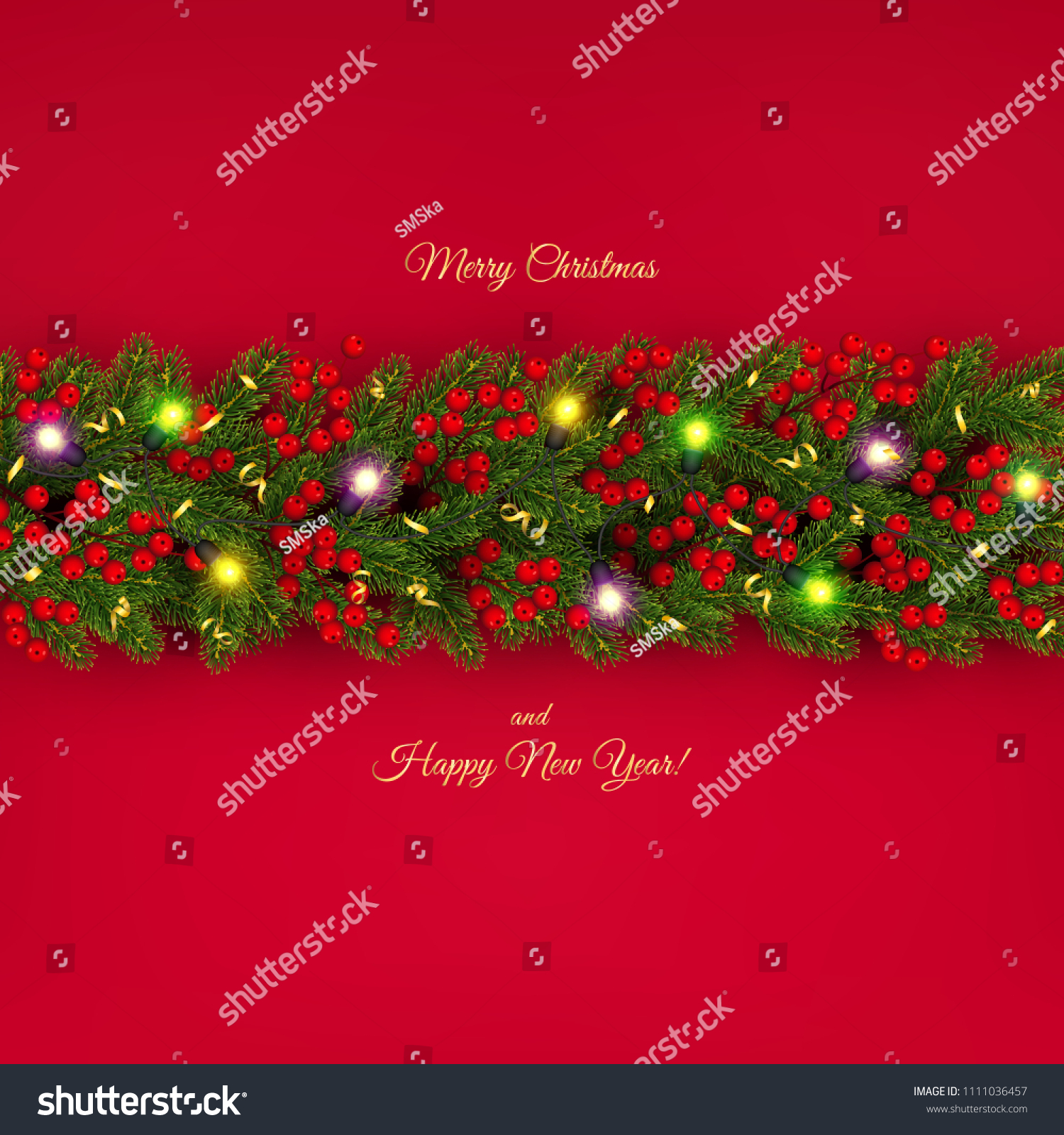 Christmas and New Year banner of realistic branches of Christmas tree, garland with glowing light bulbs, holly berries, serpentine Festive background Vector illustration #1111036457