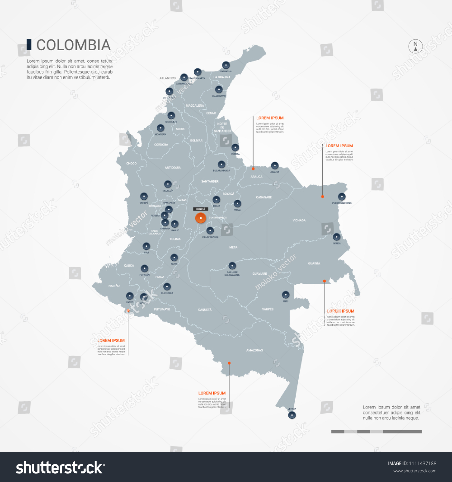 Colombia map with borders, cities, capital - Royalty Free Stock Vector 