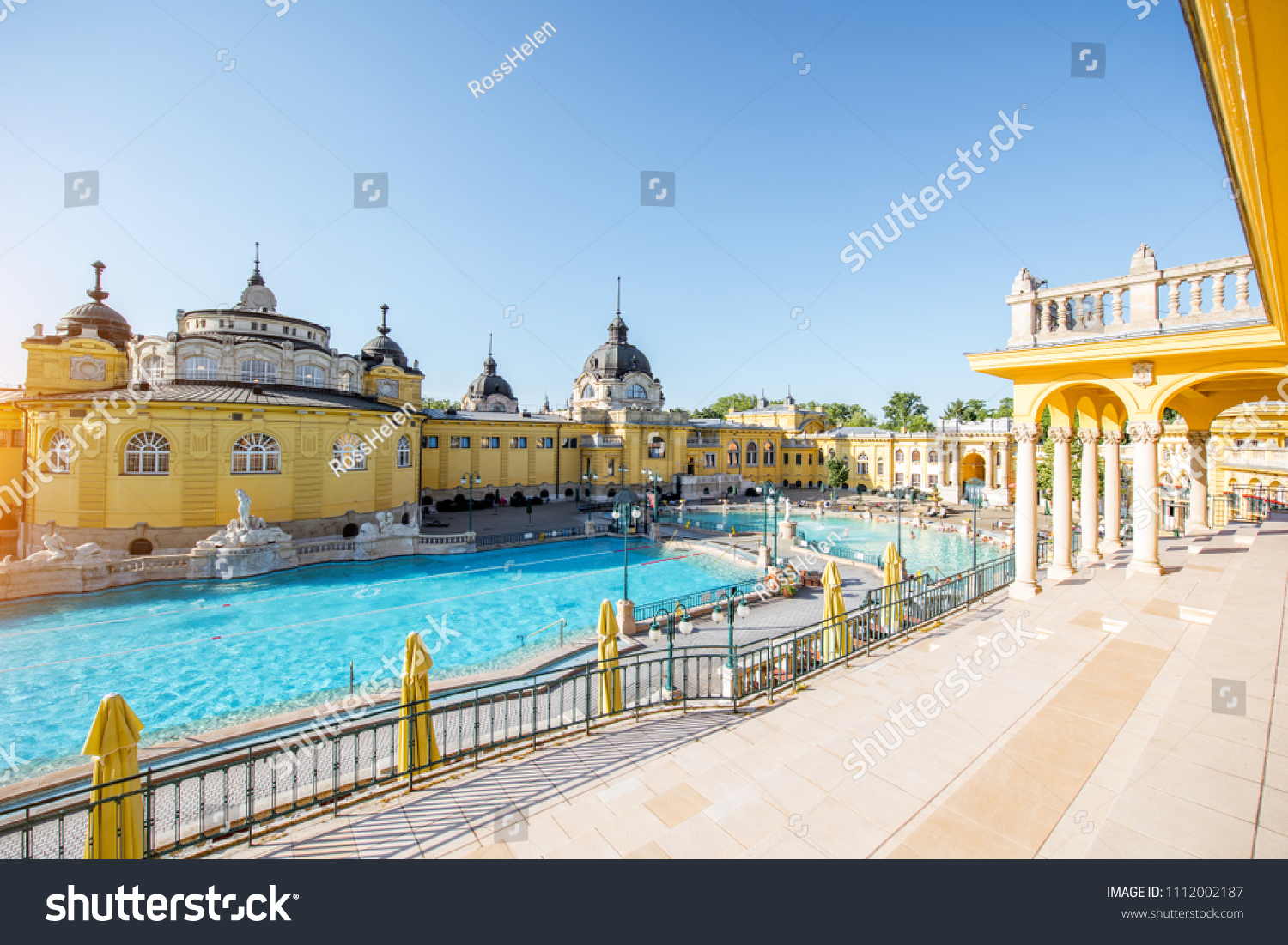 Szechenyi outdoor thermal baths during the morning light without people in Budapest, Hungary #1112002187