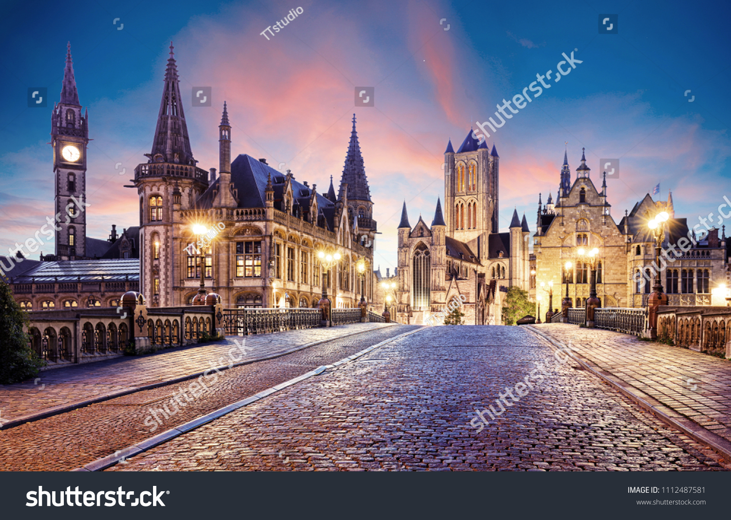 Belgium historic city Ghent at sunset #1112487581