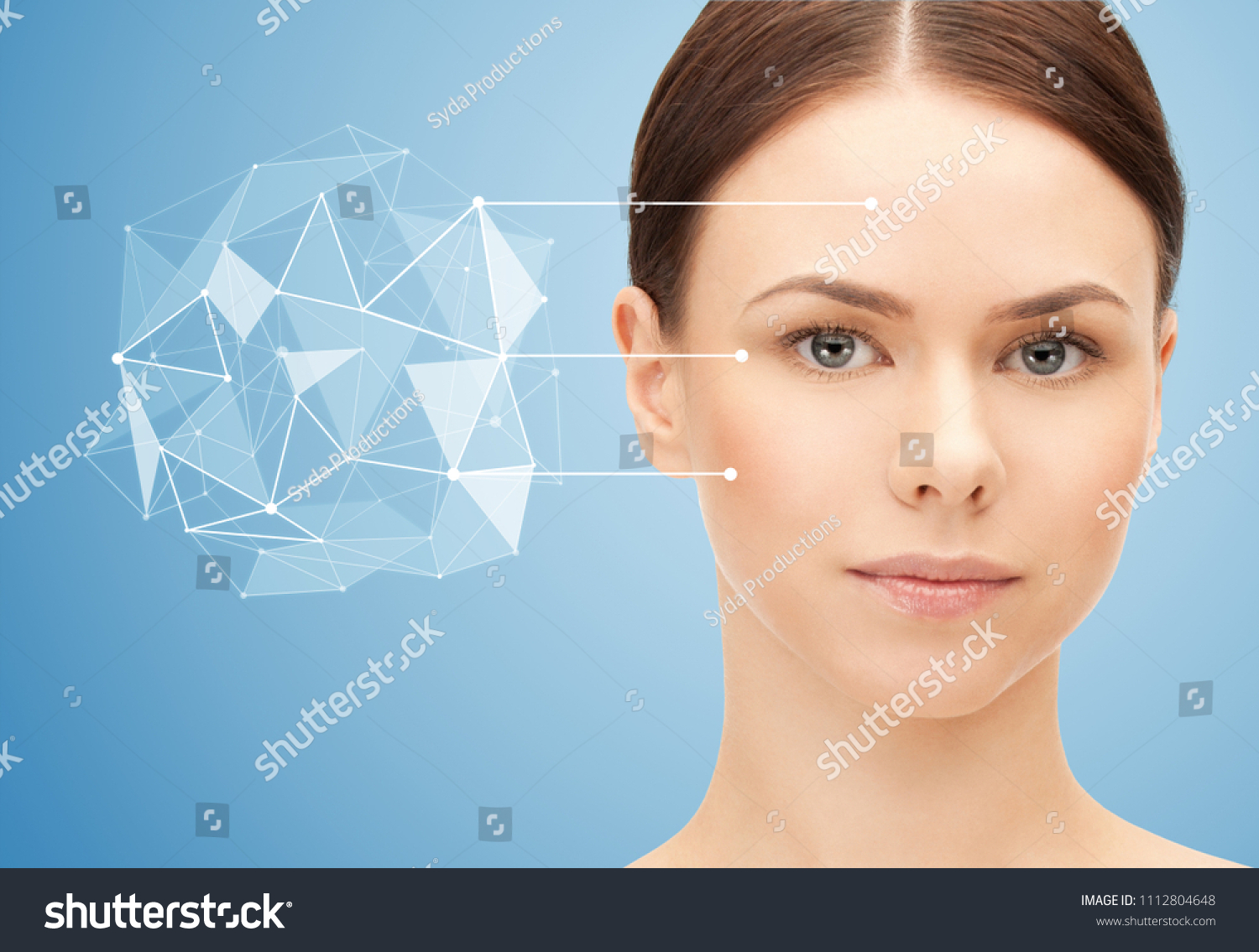beauty, science and future technology concept - portrait of beautiful woman with low poly shape projection pointing to face over blue background #1112804648