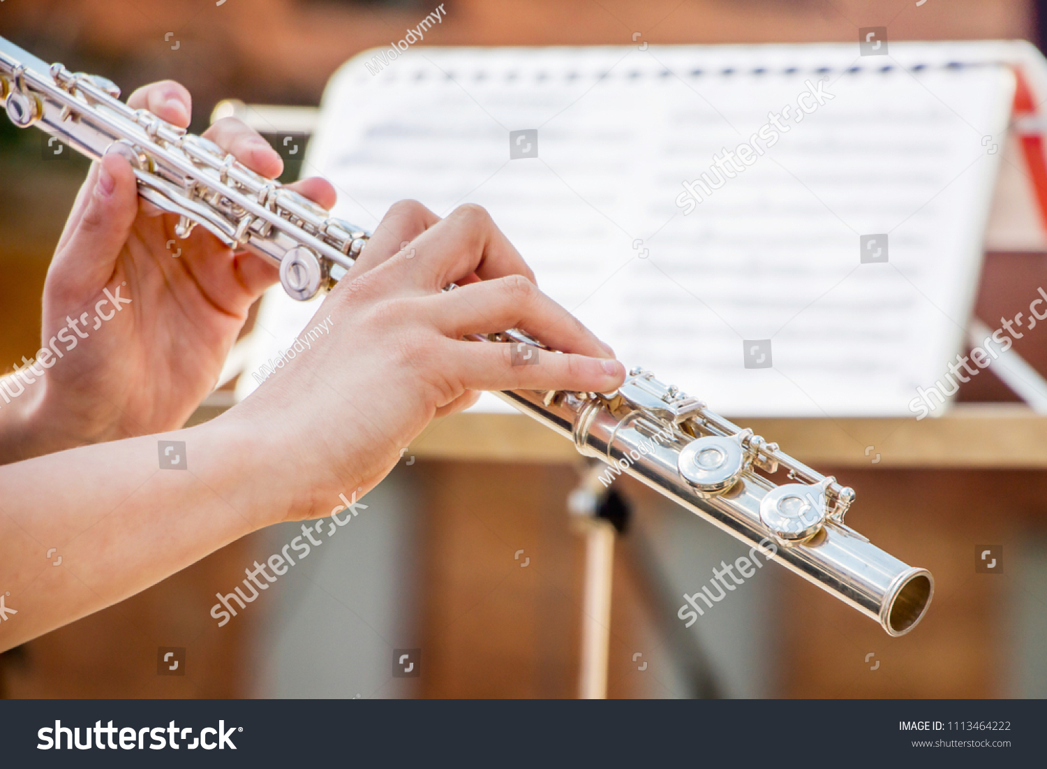The girl plays the flute. Flute in the hands of the musician during the performance of the musical play #1113464222