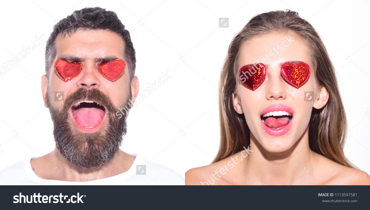 Emoji set of woman and bearded man with hearts on eyes. Collage of emotions. Different emotions. Feeling and emotions. Girl with hearts on eyes. Man with hearts on eyes. Face expression. Emoji set. #1113597581