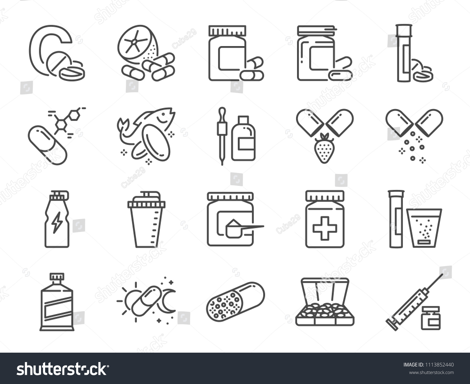 Vitamin and dietary supplement icon set. Included the icons as vitamin c, fish oil, whey protein, tablet, pills, medication, medicine and more. #1113852440