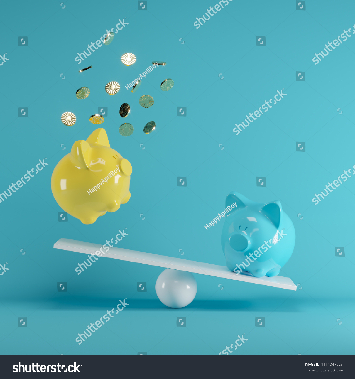 Blue and Yellow piggys bank playing with gold coin on seesaw on blue background. minimal idea funny concept. #1114047623