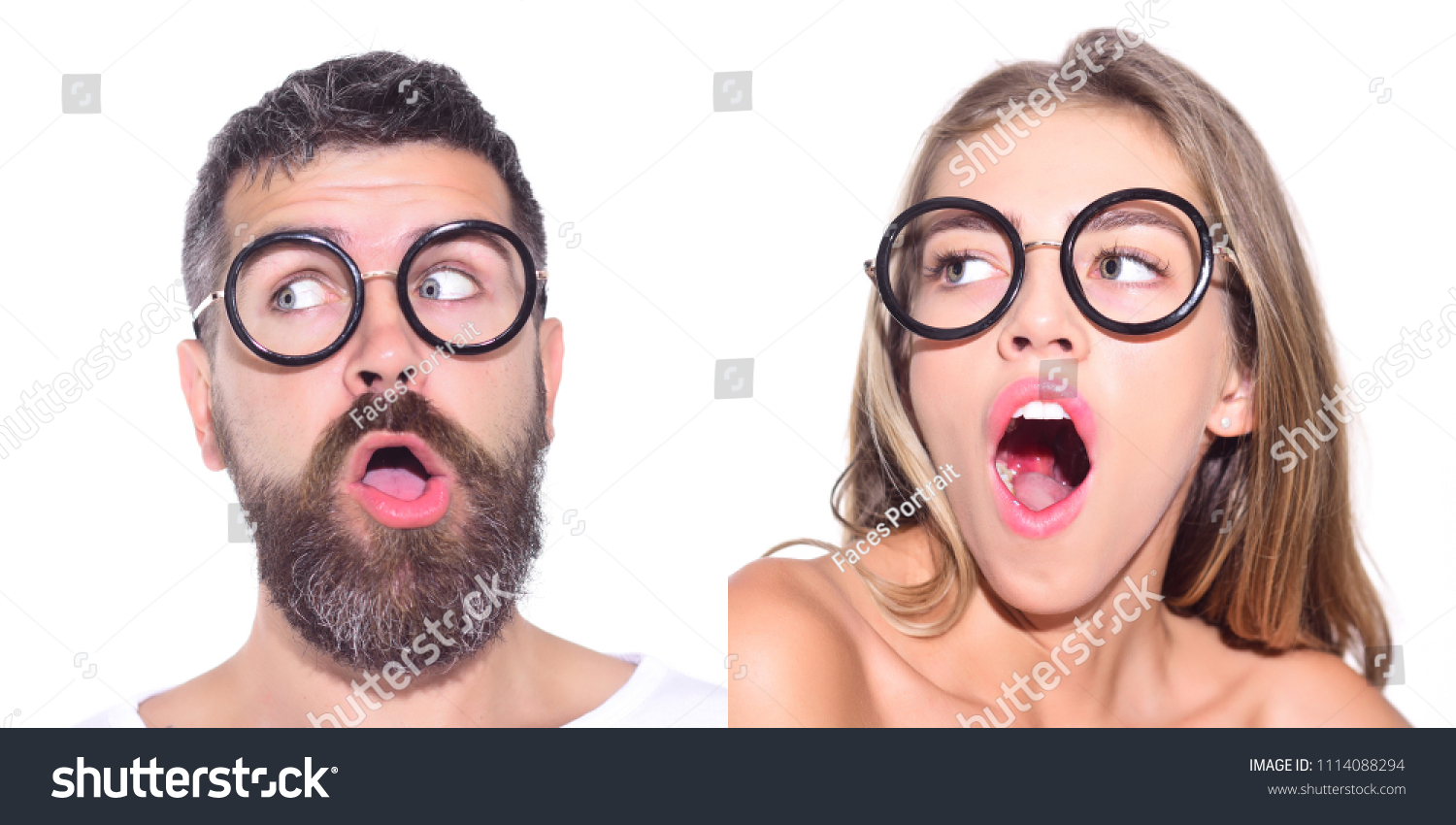Emotion set of pretty girl and bearded man. Girl in glasses. Bearded man in glasses. Face expression. Collage of emotions. Different emotions. Feeling and emotions. Emoji set. #1114088294