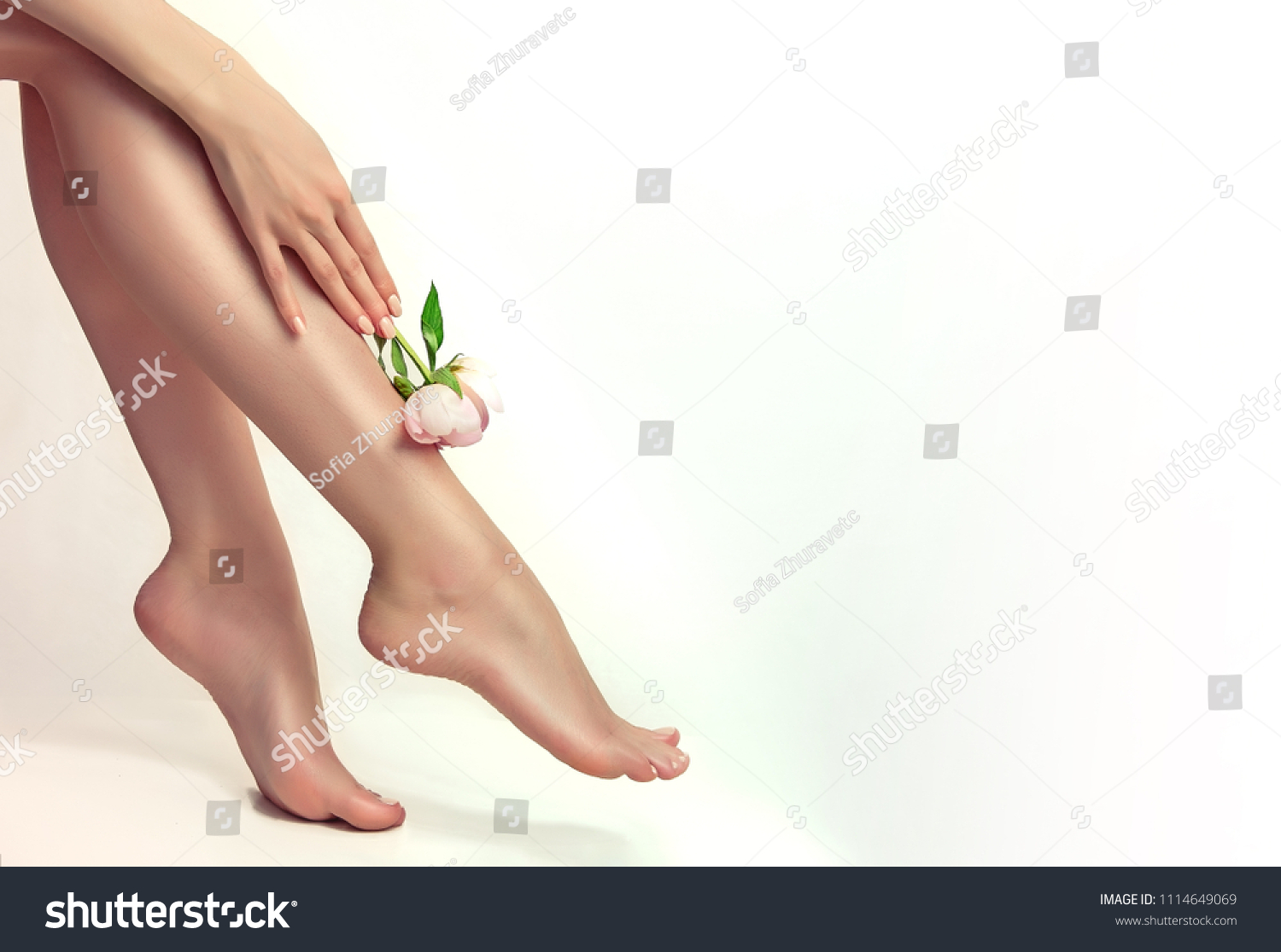 Beautiful well-groomed female legs . Foot care . Depilation of hair on the feet .
 #1114649069