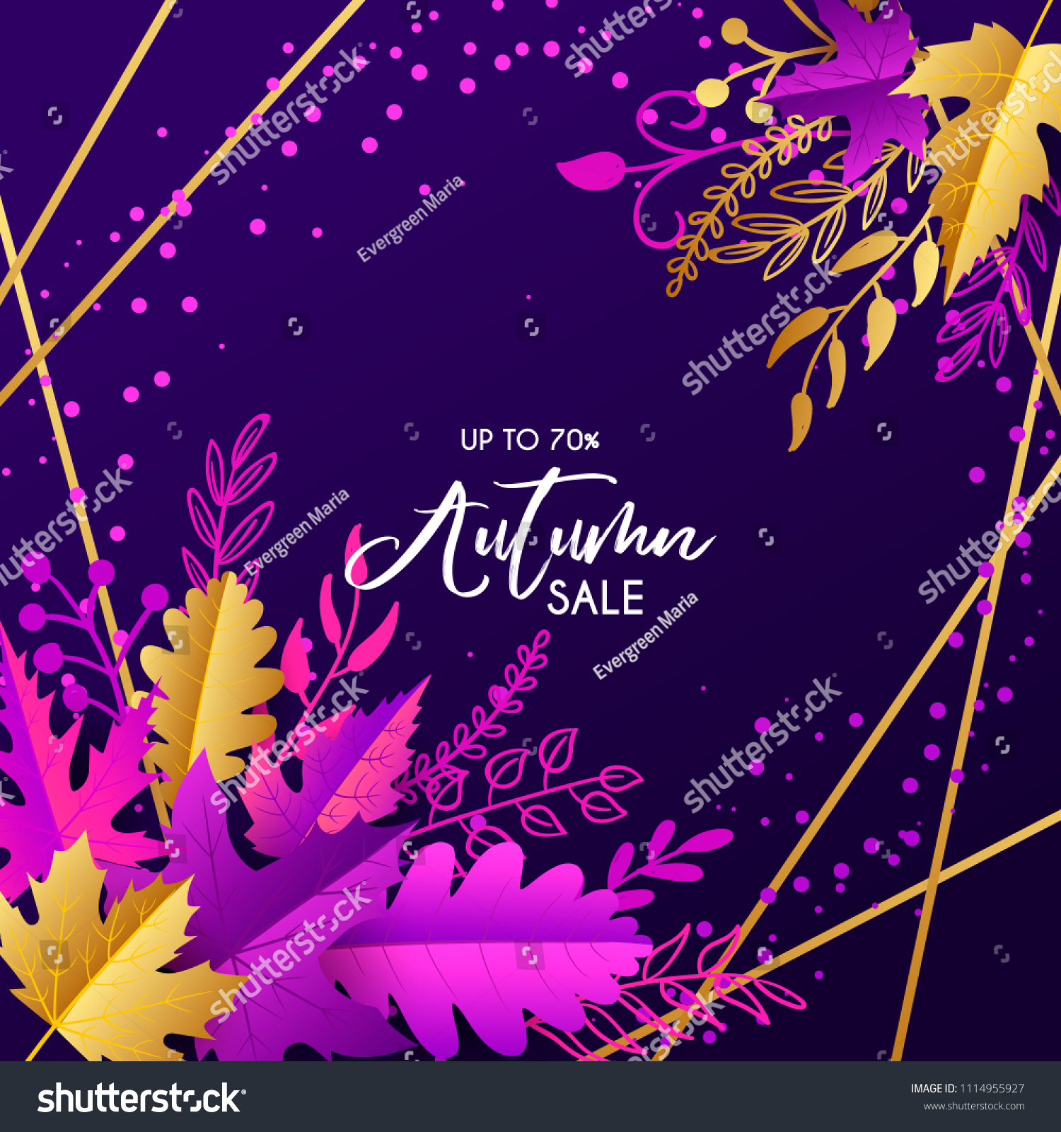 Vector autumn sale banner with hand drawn lettering and leaves. Design template for banner, flyer, poster, menu, tag, promotion. Vector illustration, purple, gold, orange. #1114955927