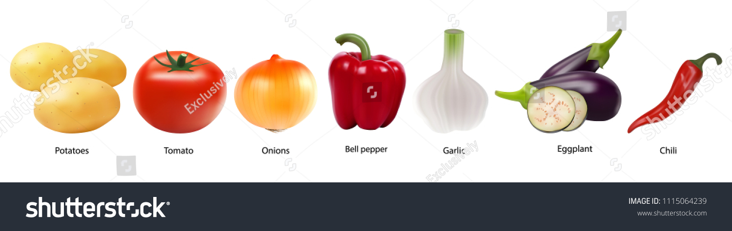 Colourful collection of vegetables on a white background in realistic style. Tomato, garlic, Bell pepper, potatoes, onions, eggplant, peppers. Sign, symbol, icon, logo. Vector eps10. #1115064239