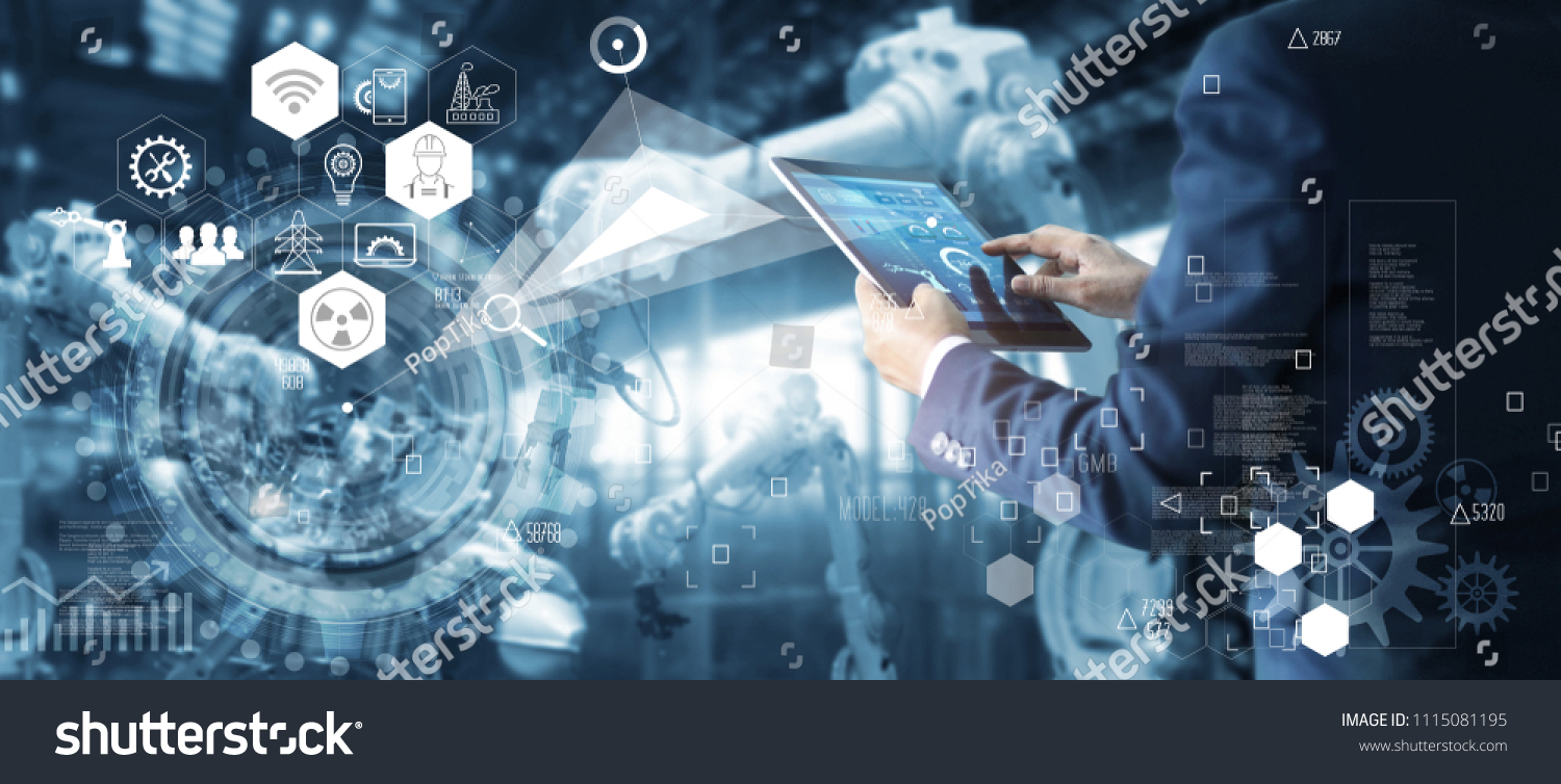 
Manager Technical Industrial Engineer working and control robotics with monitoring system software and icon industry network connection on tablet. AI, Artificial Intelligence, Automation robot arm.  #1115081195