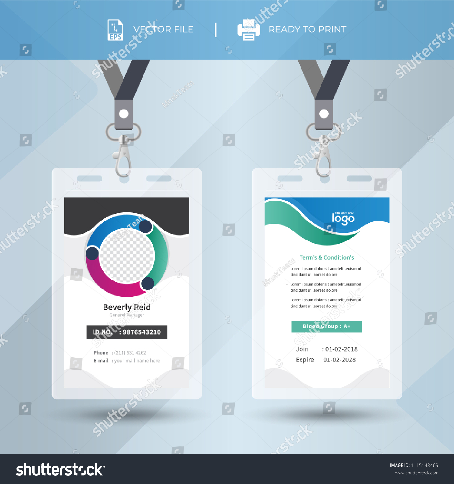 Blue Event Staff Id Card Set With Lanyard. - Royalty Free Stock Vector 