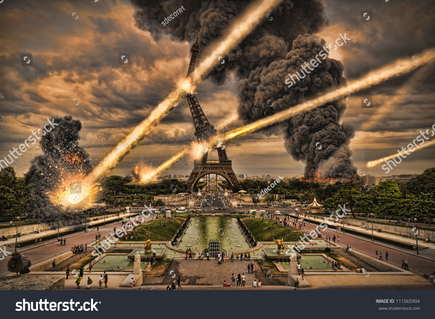 Meteorite shower over paris, destroying the Eiffel Tower #111565904