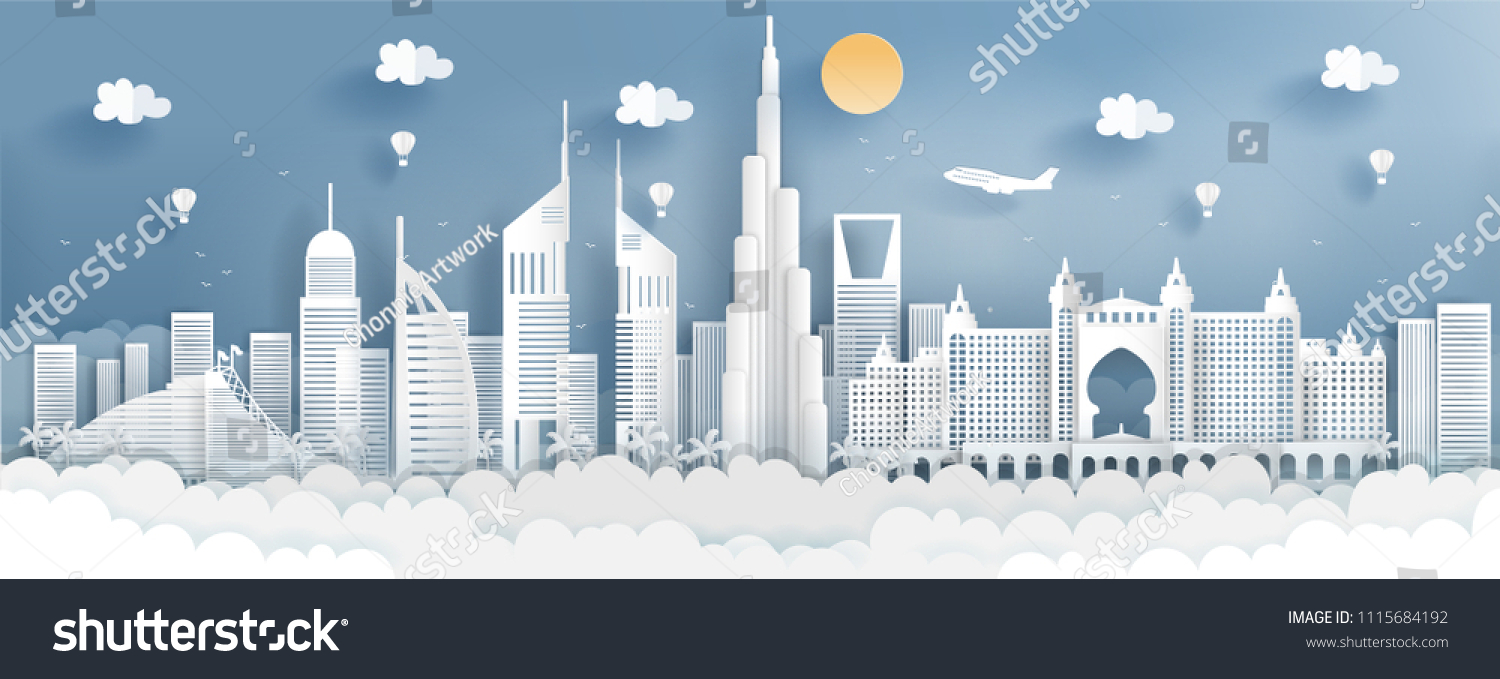 Panorama of top world famous landmark of Dubai for travel poster and postcard, in paper cut style vector illustration. #1115684192