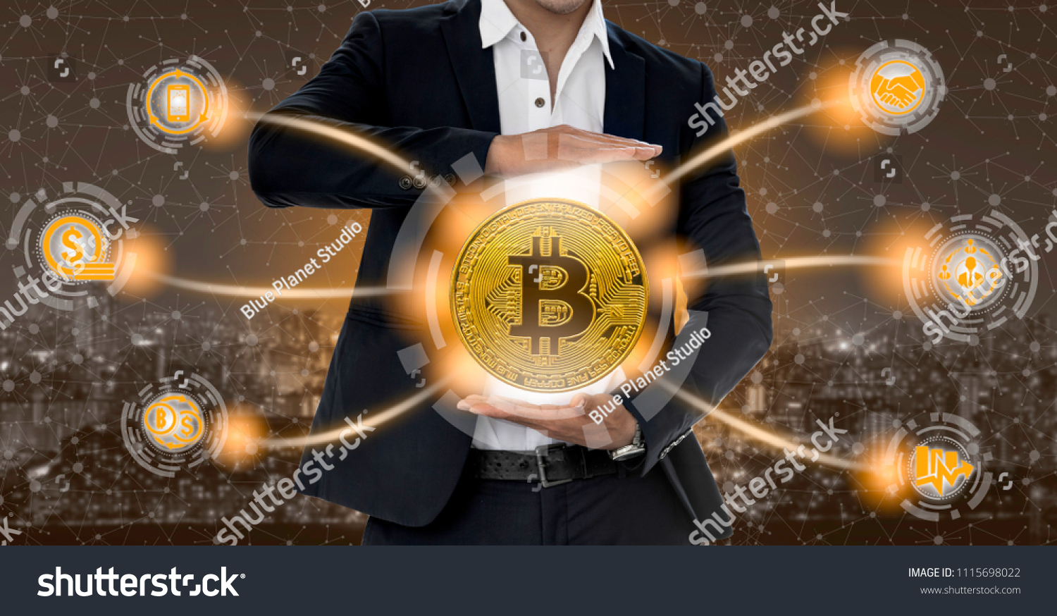 Bitcoin and cryptocurrency investing concept - Businessman holding Bitcoin with mobile application business icons showing exchanging, trading, transfer and investment of blockchain technology. #1115698022
