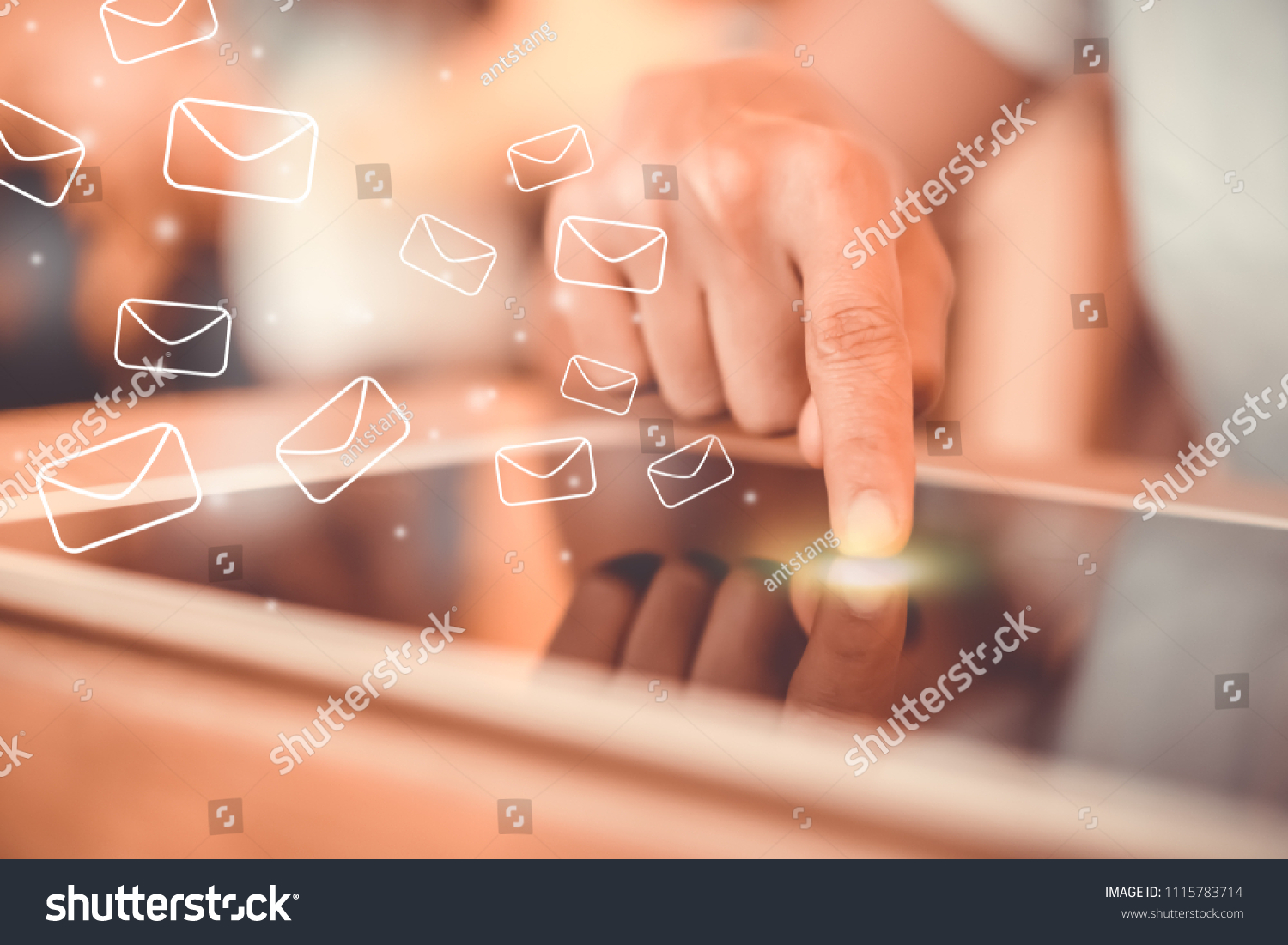 Woman hand using big tablet to do work email notification alarm pop up  in coffee cafe with bokeh background. #1115783714