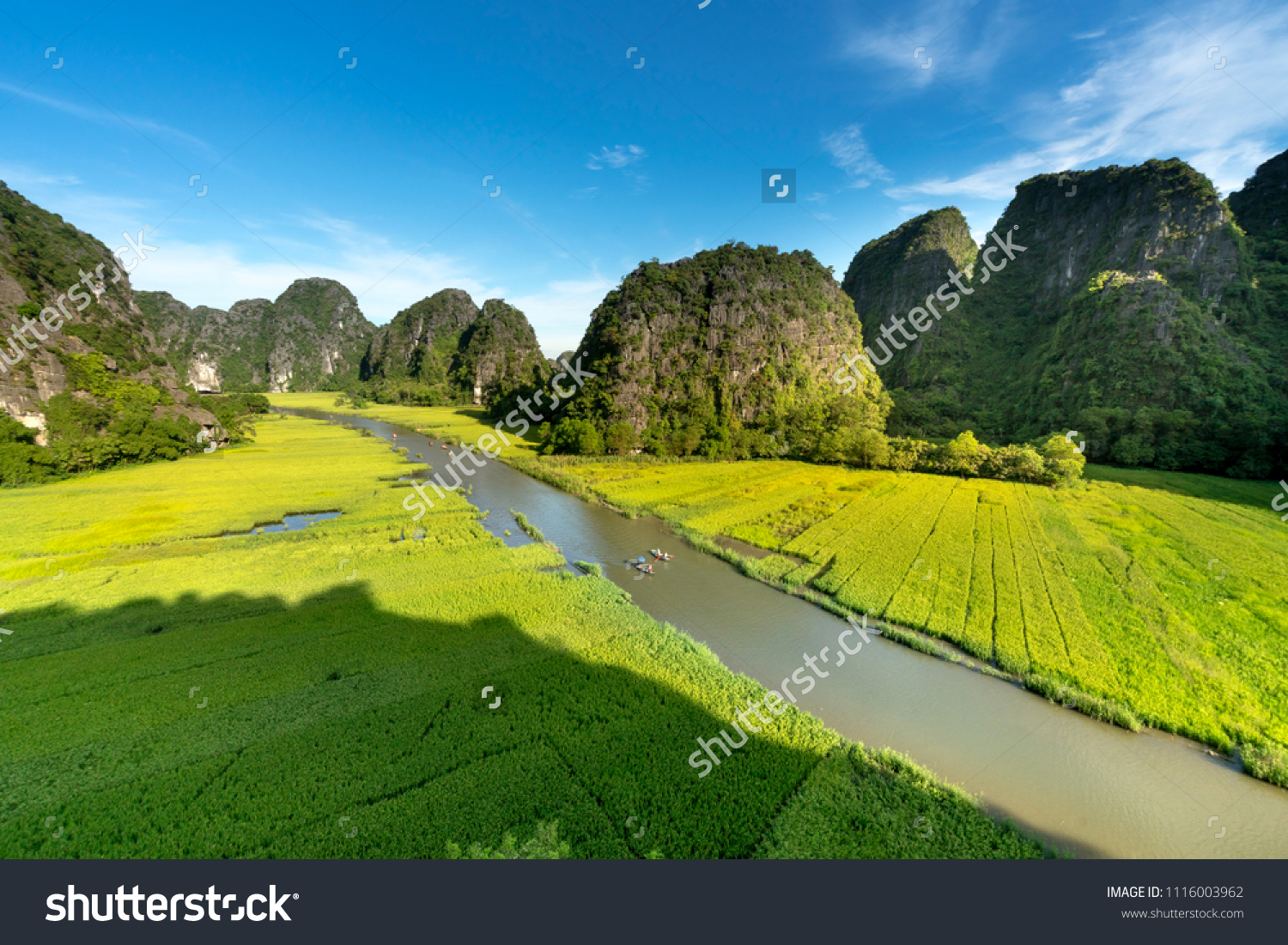 the majestic scenery on Ngo Dong river in Tam Coc Bich Dong view from the mountain top in Ninh Binh province of Viet Nam
 #1116003962