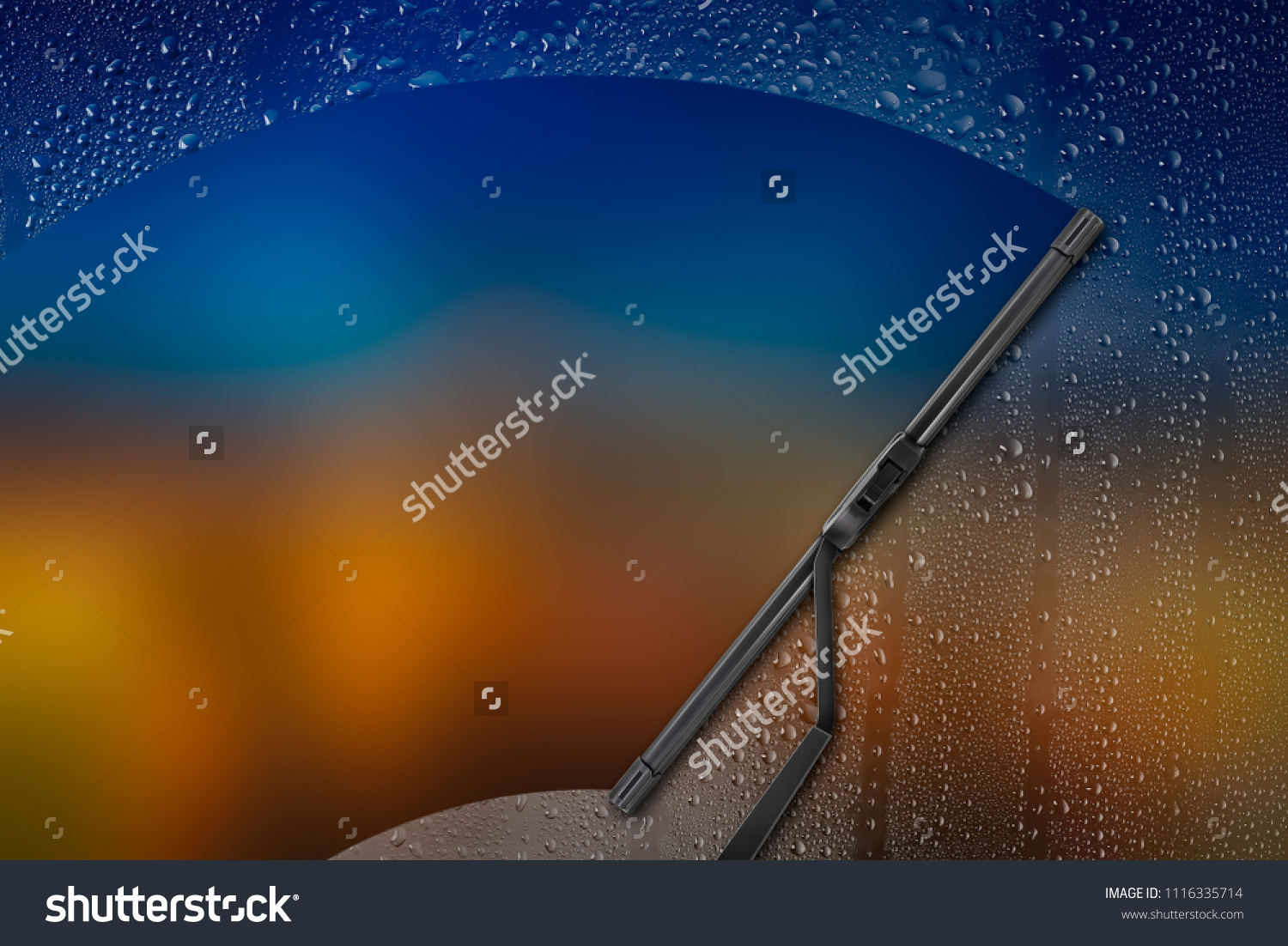 Car wiper cleaning rain drop on glass with color background #1116335714