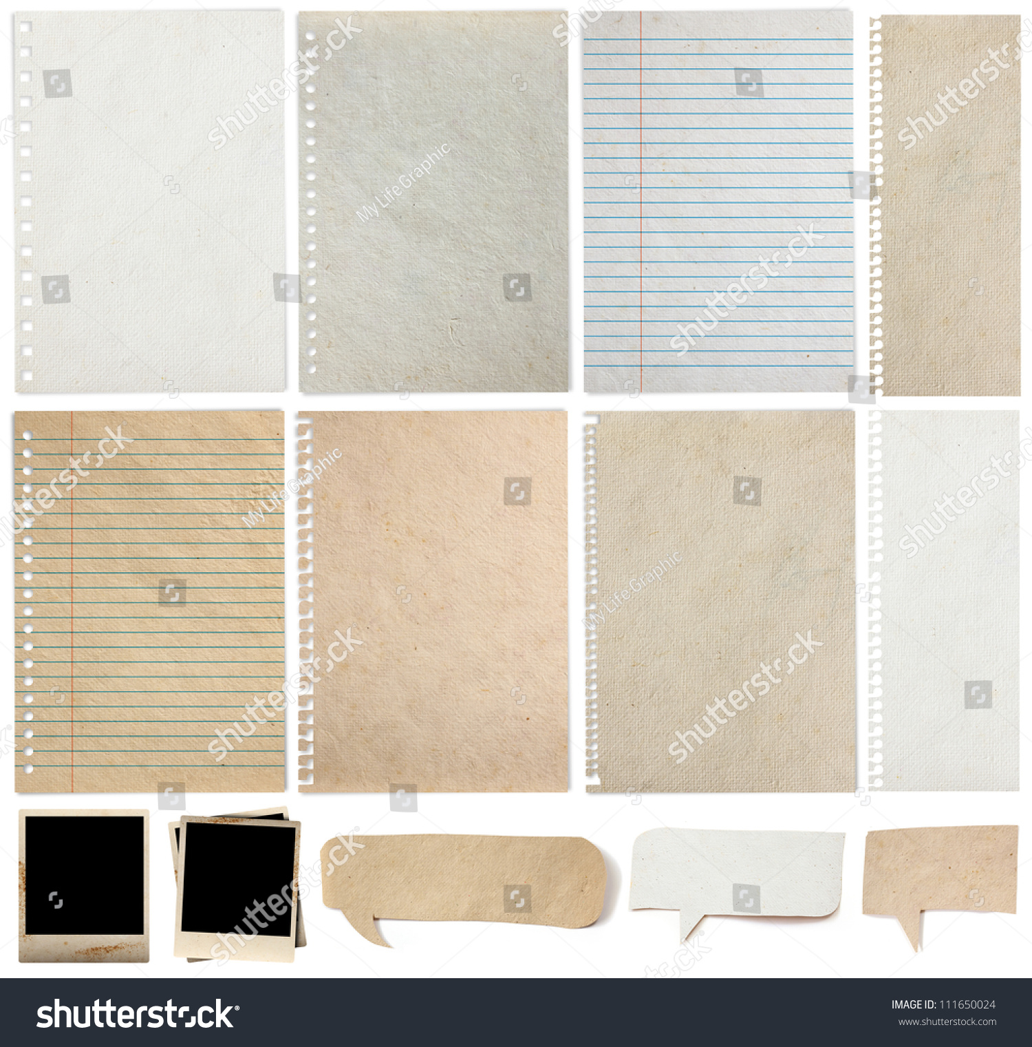 Paper textures background, isolated on white background Save Paths For design work ( paper sheets, lined paper, note paper, photo frame and  paper speech bubble ) #111650024