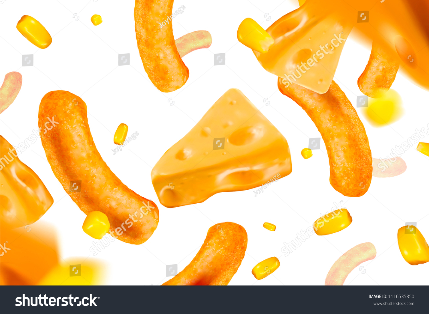 Cheese and corn curls floating in the air, 3d illustration design element #1116535850