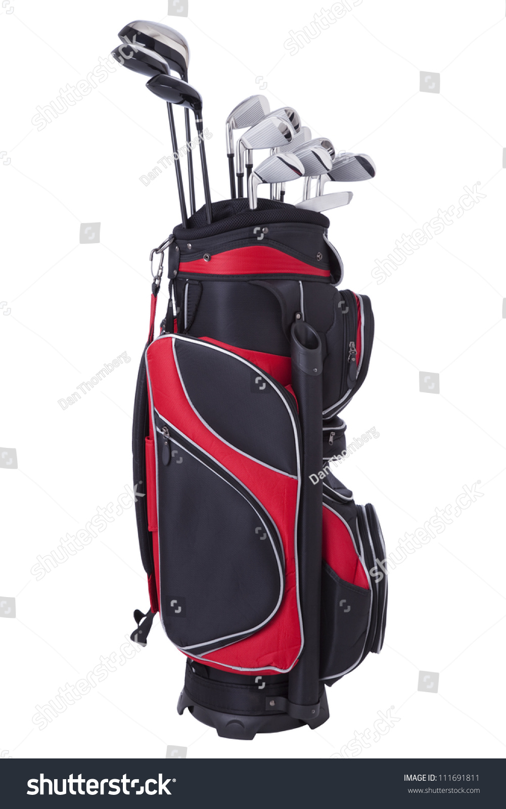 Golf clubs in red and black bag isolated on white #111691811