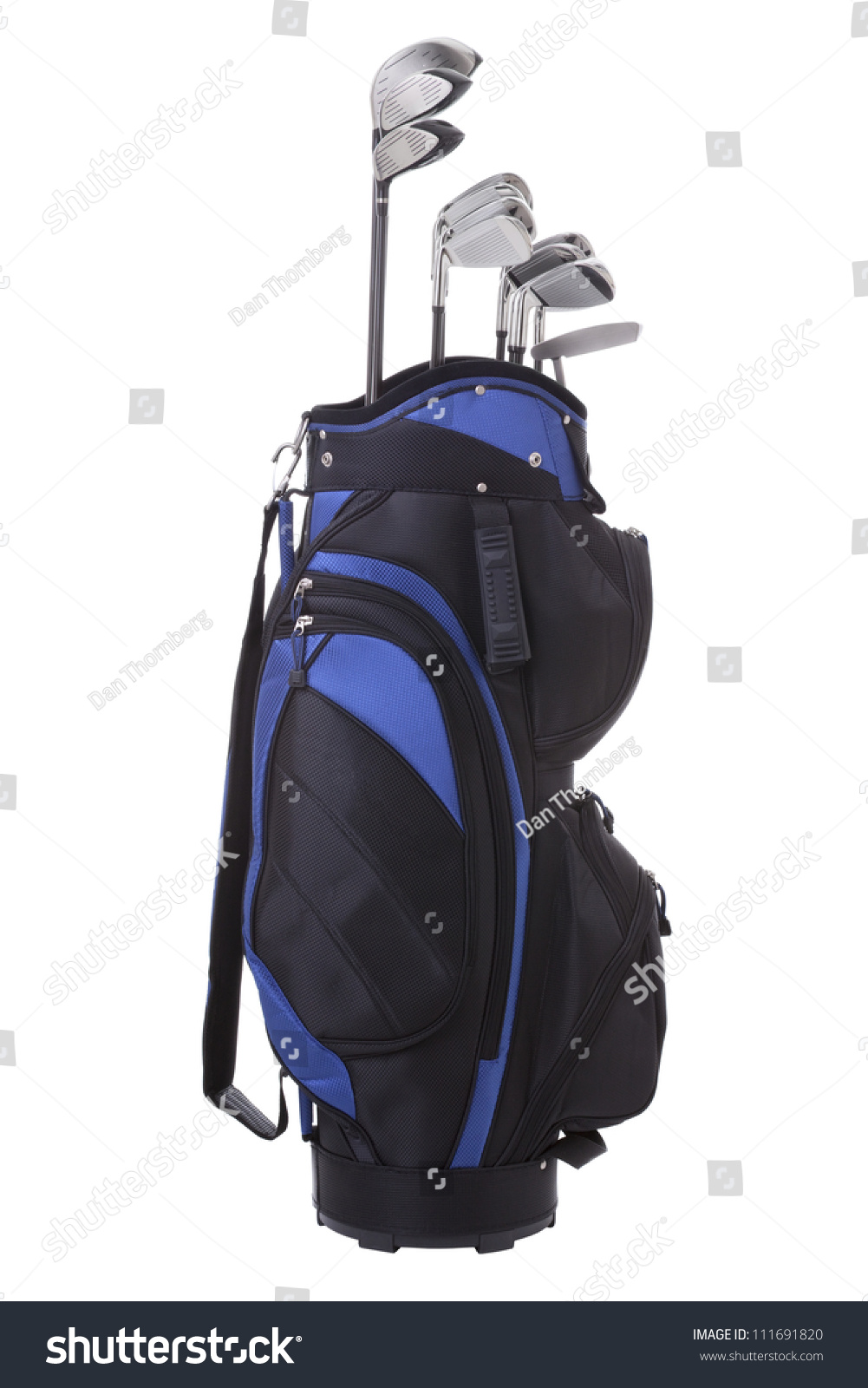 Golf clubs in blue and black bag isolated on white #111691820