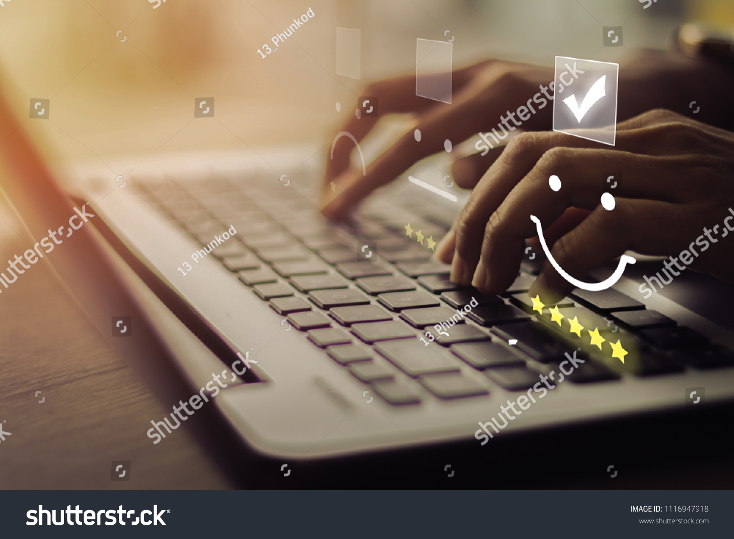 Businesswoman pressing smiley on keyboard laptop .Customer service evaluation concept.
 #1116947918