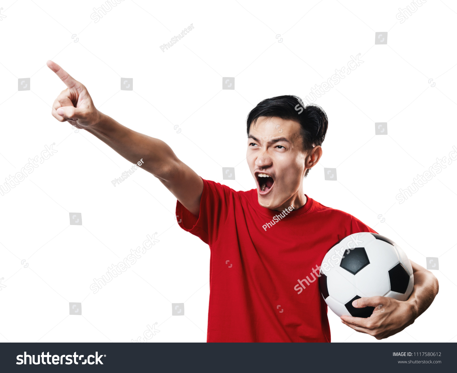 Asian Thai people soccer fan football in red sleeve shirt isolated on white background high contrast. #1117580612