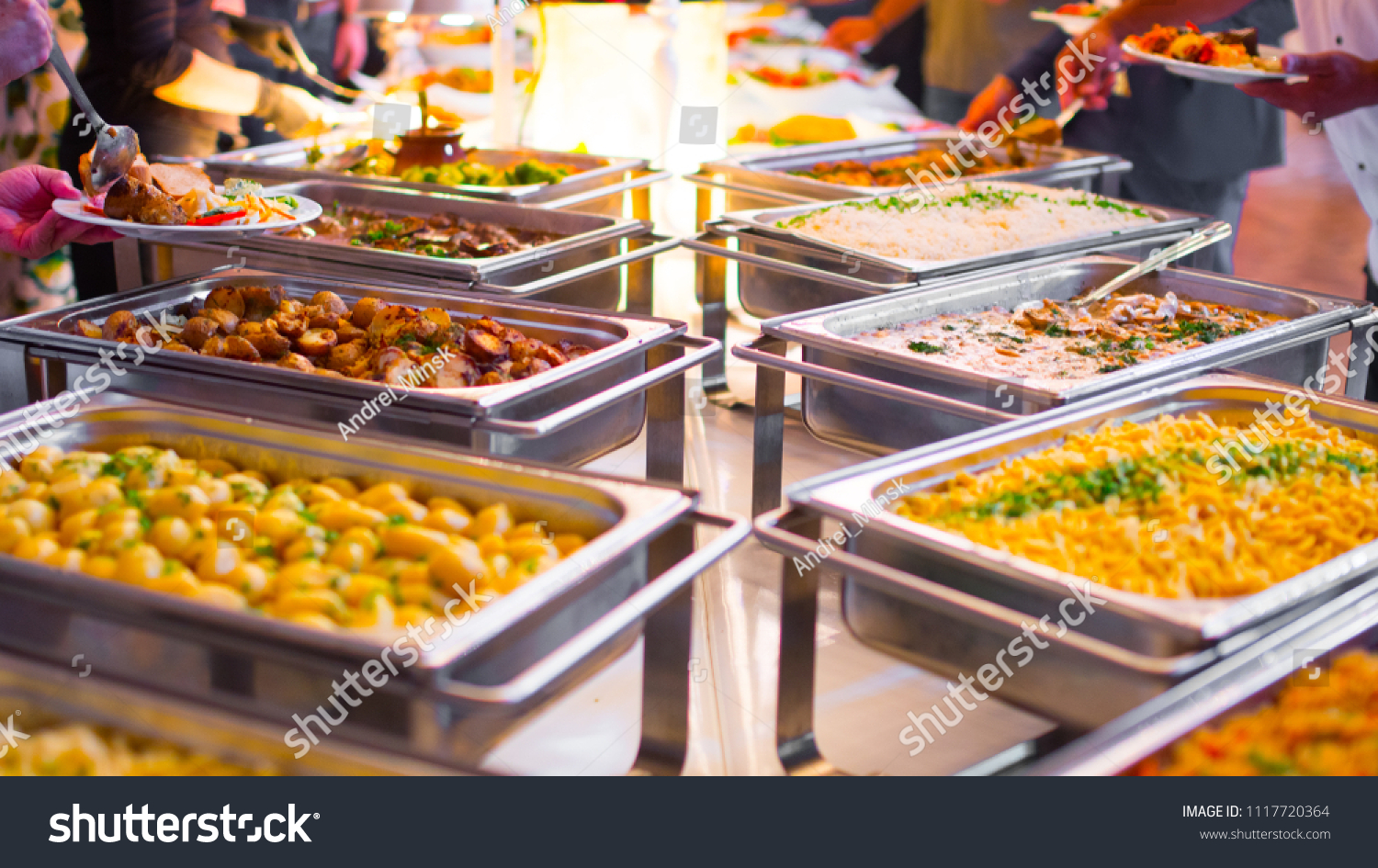 People group catering buffet food indoor in luxury restaurant with meat colorful fruits and vegetables. #1117720364