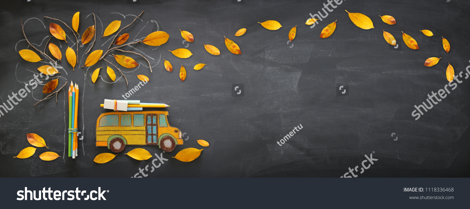 Back to school concept. Top view banner of school bus and pencils next to tree sketch with autumn dry leaves over classroom blackboard background #1118336468
