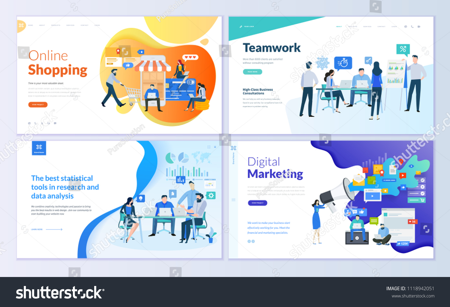 Set of web page design templates for online shopping, digital marketing, teamwork, business strategy and analytics. Modern vector illustration concepts for website and mobile website development.  #1118942051
