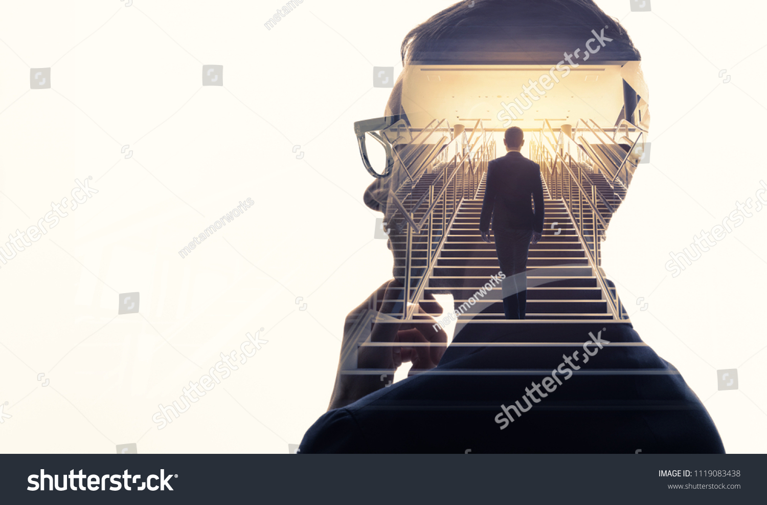 Double exposure of a businessman and stairs. Success of business concept. #1119083438