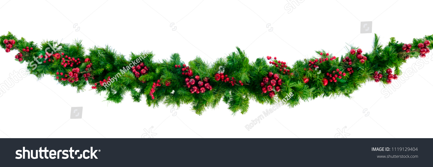 Christmas garland with red berries, isolated on white. #1119129404