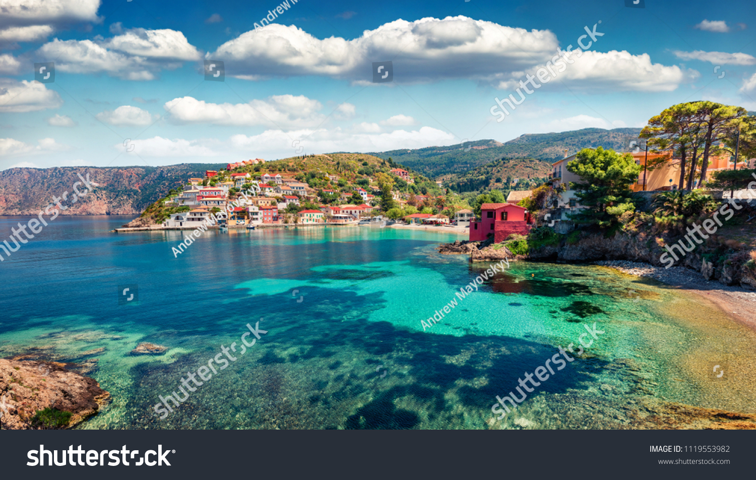 Spectacular morning cityscape of Asos village on the west coast of the island of Cephalonia, Greece, Europe. Splendid spring sescape of Ionian Sea. Traveling concept background. #1119553982