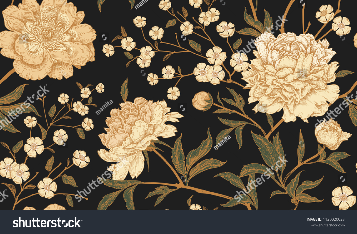 Floral vintage seamless pattern with flowers peonies. Oriental style. Vector illustration art. Template design for textiles, wrapping paper, wallpaper, clothes, interior, curtains, packaging.  #1120020023