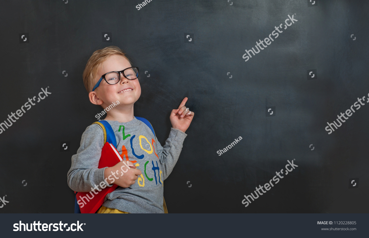 Back to school. Funny little boy in glasses pointing up on blackboard. Child from elementary school with book and bag. Education. #1120228805