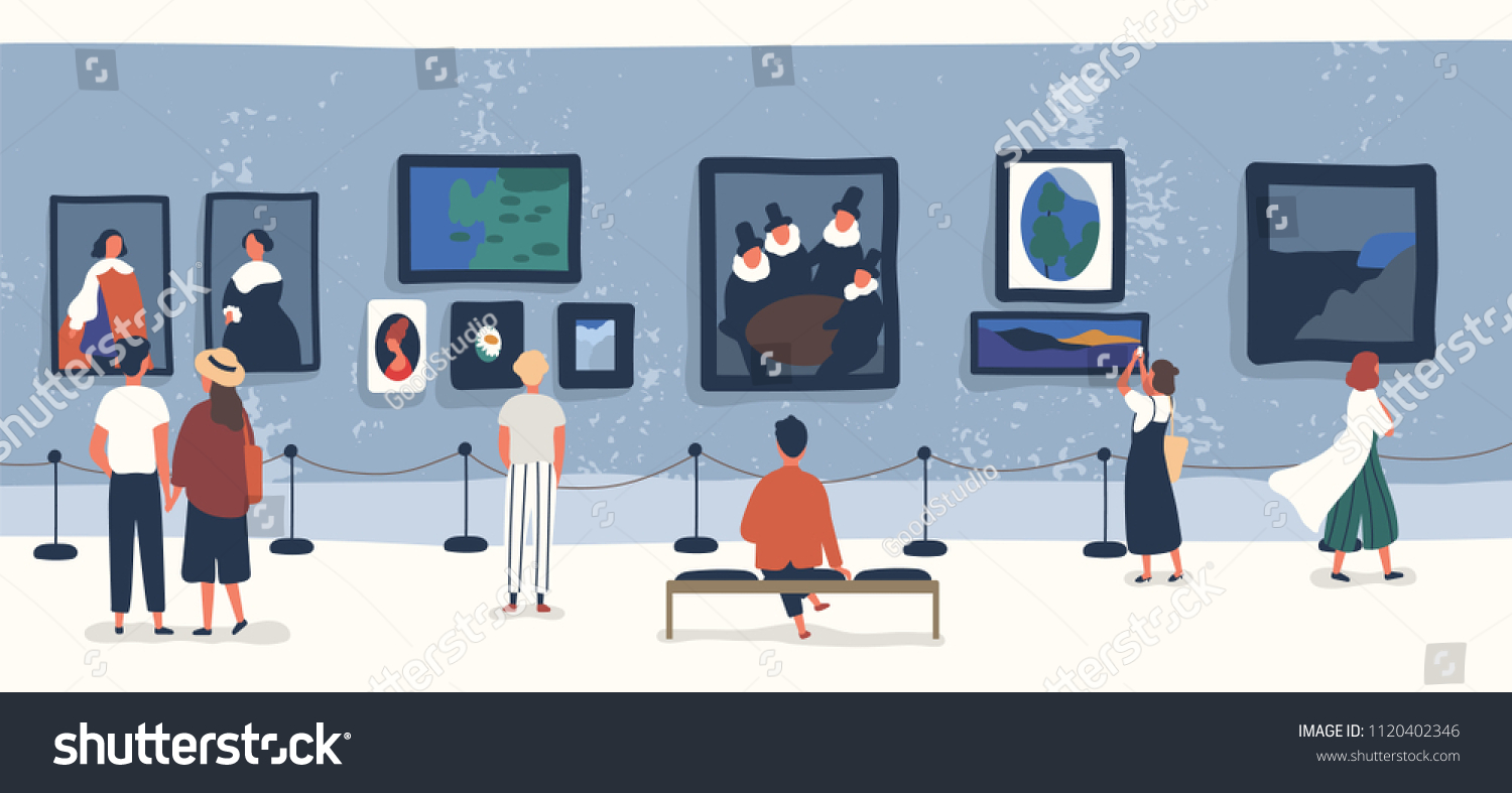 Visitors of classic art gallery or museum viewing exhibits. People or tourists looking at paintings at exhibition. Men and women enjoying artworks. Colorful vector illustration in flat cartoon style. #1120402346