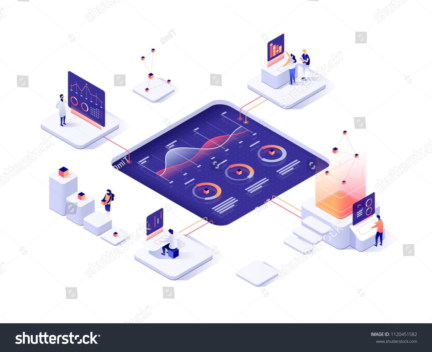 People interacting with charts and analyzing statistics. Data visualization concept. 3d isometric vector illustration. #1120451582