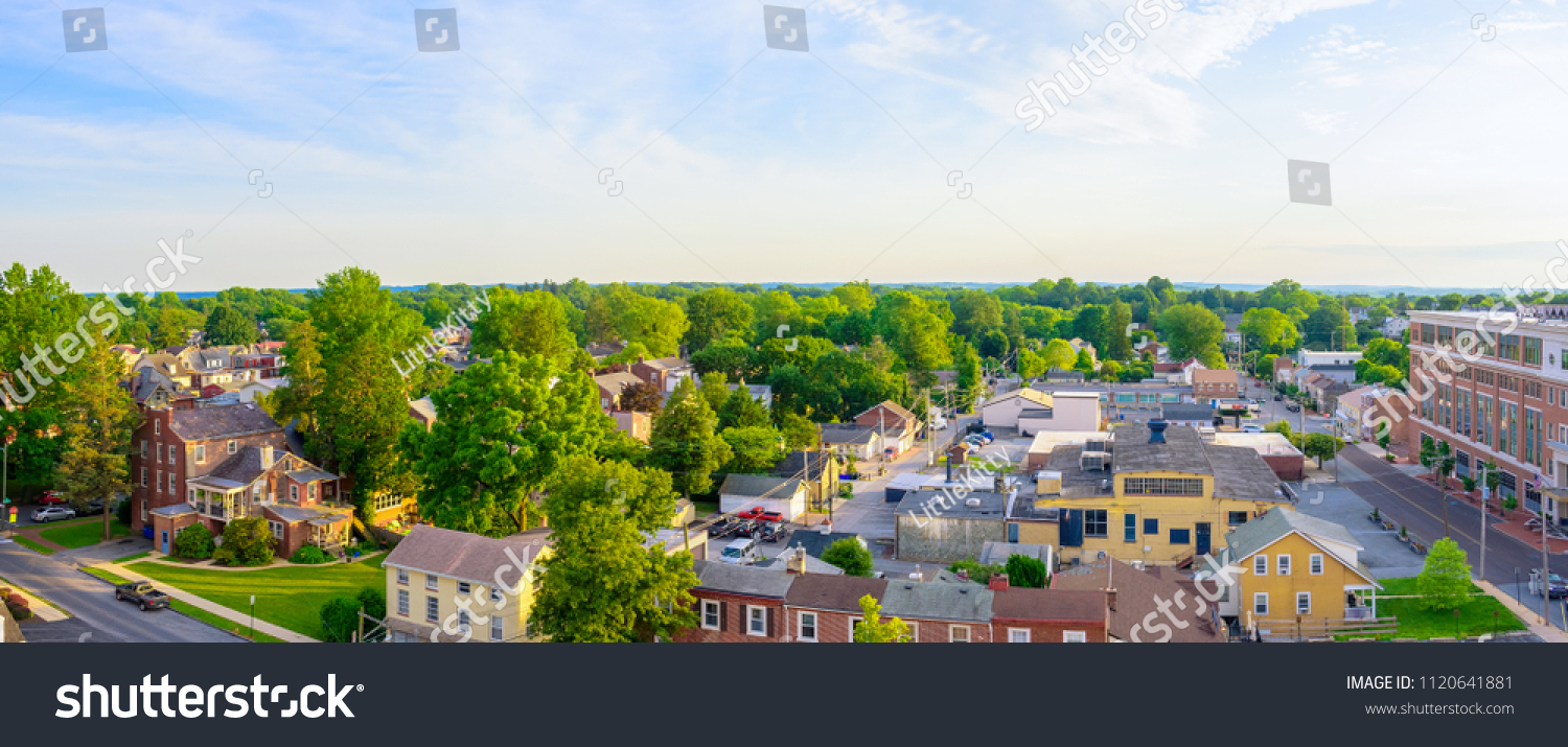 panorama of old town area and aerial suburban view with sunny blue sky in summer West Chester ,Pennsylvania  USA #1120641881