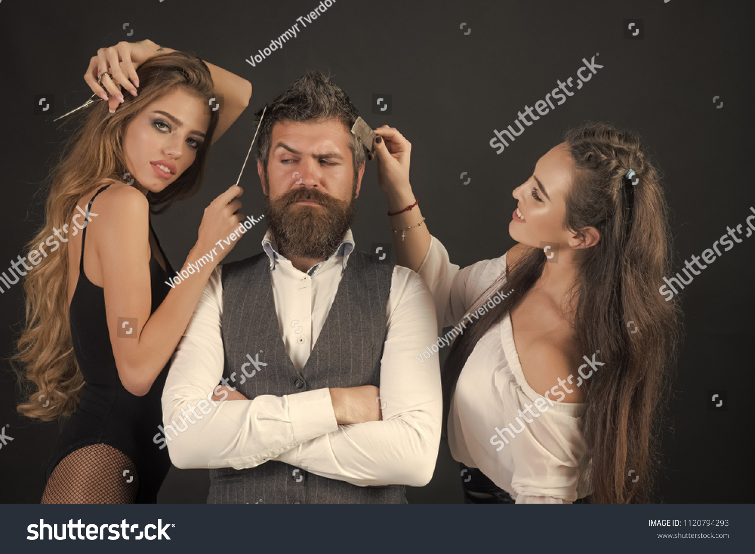Friends at hairdresser salon. People make haircut, love relations, friendship. Bearded man, sexy women with long hair. Women with comb, scissors cut hair. Barbershop, fashion, beauty, hipster #1120794293