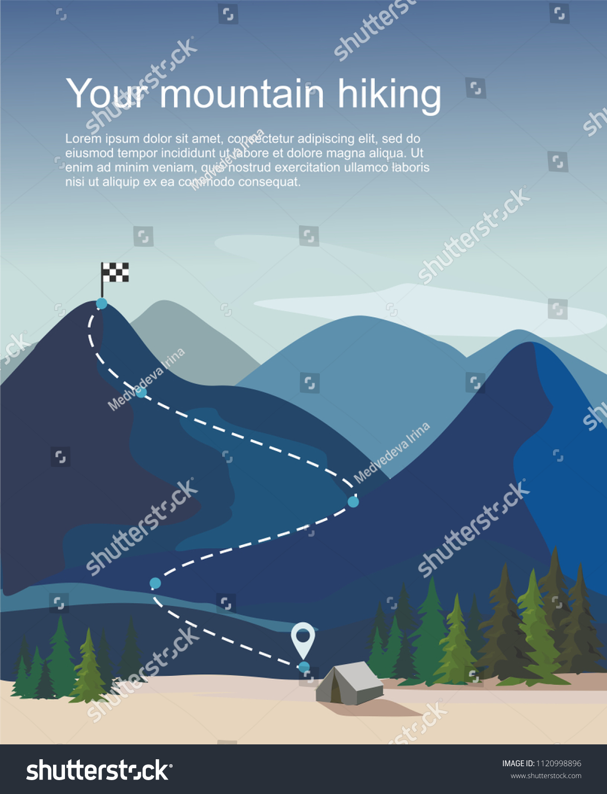 Hiking route infographic. Layers of mountain landscape with fir trees . Vector illustration #1120998896