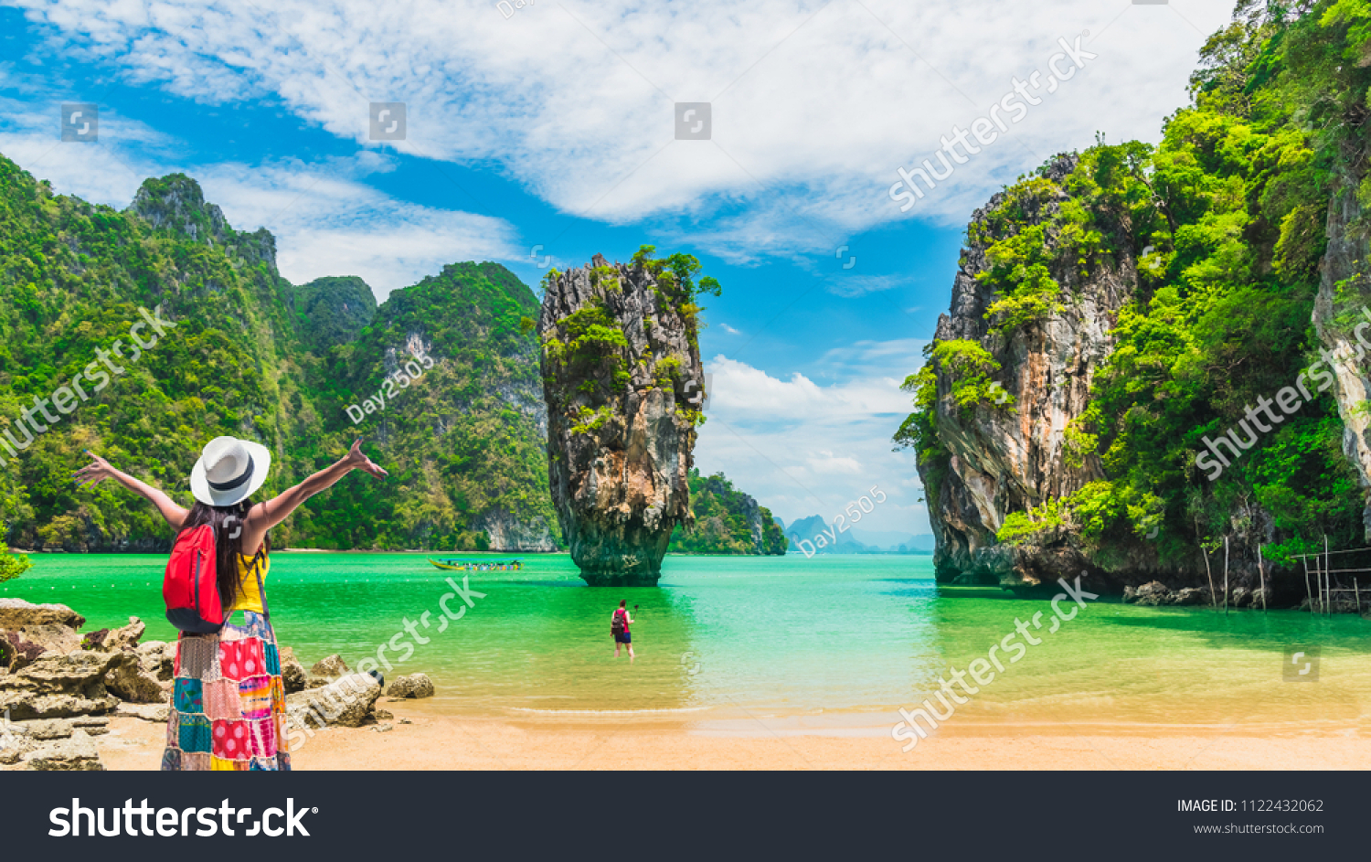 Panorama scenery amazing nature landscape with traveler woman look and joy view James Bond island, Water travel Phuket Thailand, Tourism beautiful destination place Asia, Summer holiday vacation trip #1122432062